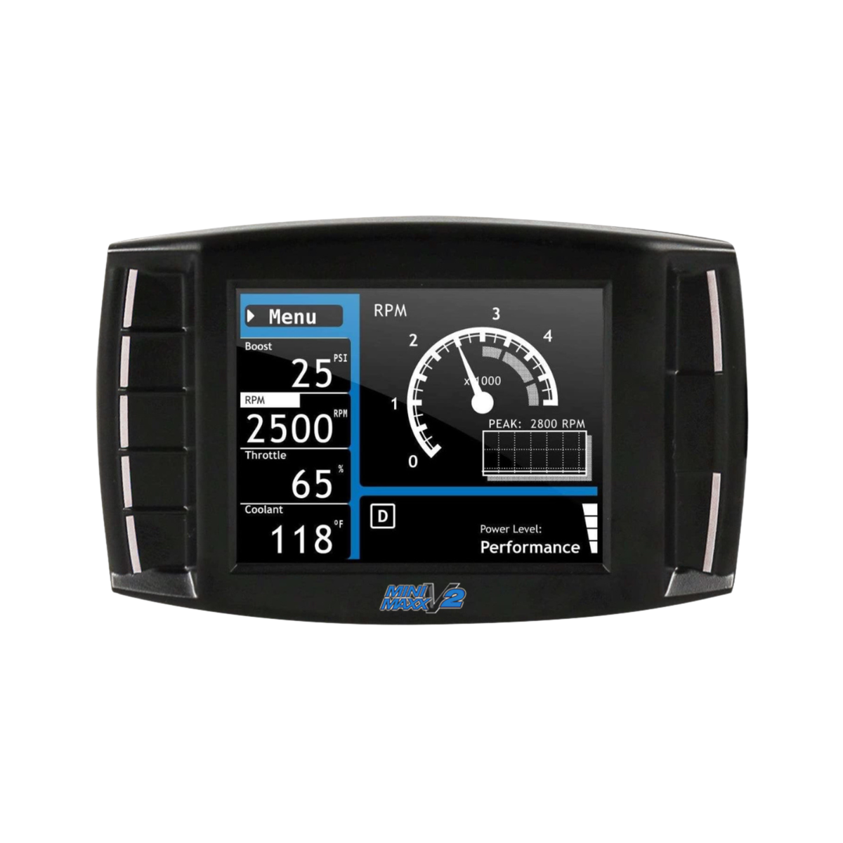 Mini Maxx V2 209003 diesel tuner with color display showing vehicle performance gauges