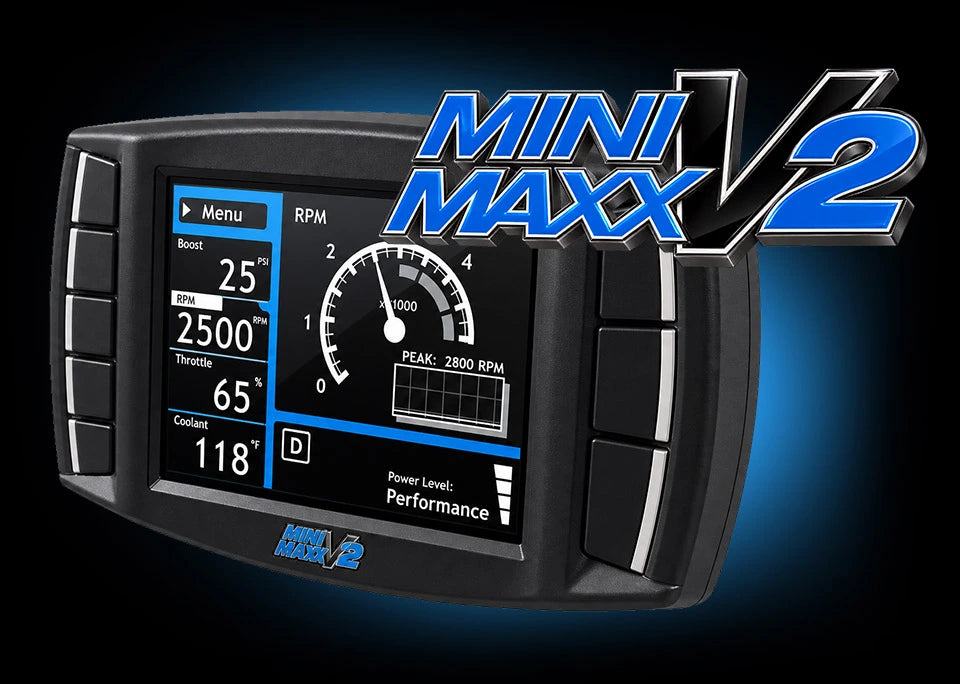 Mini Maxx V2 handheld tuner showing live boost, engine speed, throttle and coolant readouts