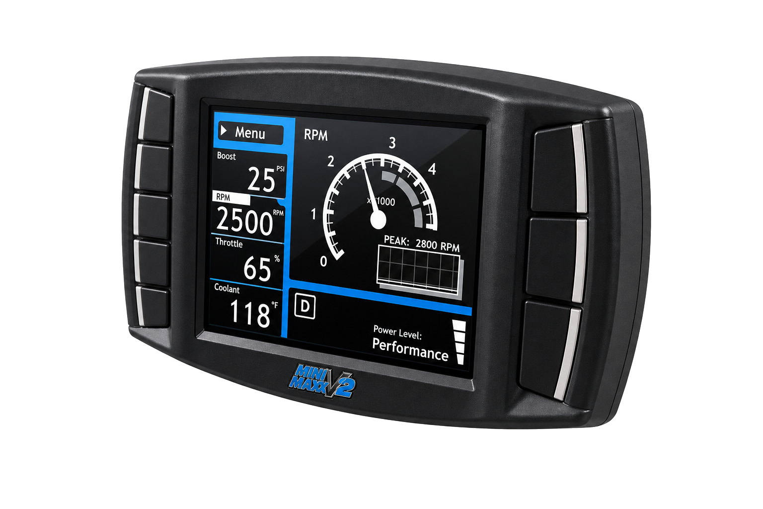 Mini Maxx V2 handheld tuner displaying live boost, engine speed, throttle and coolant readouts